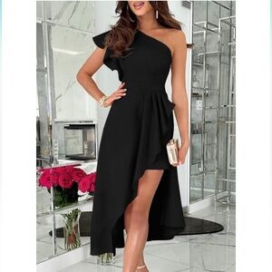 One Shoulder Sleeveless Ruffle Empire Waist Asymmetrical High-Low Bodycon Dress